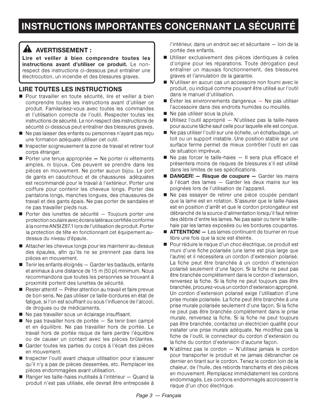 Ryobi RY44140 Instructions Importantes Concernant LA Sécurité, Avertissement , Lire Toutes LES Instructions, Français 